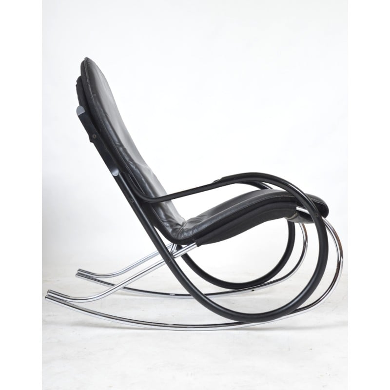 Vintage Nonna rocking chair in blackened bentwood and leather by Paul Tuttle for Strässle International, Switzerland 1970