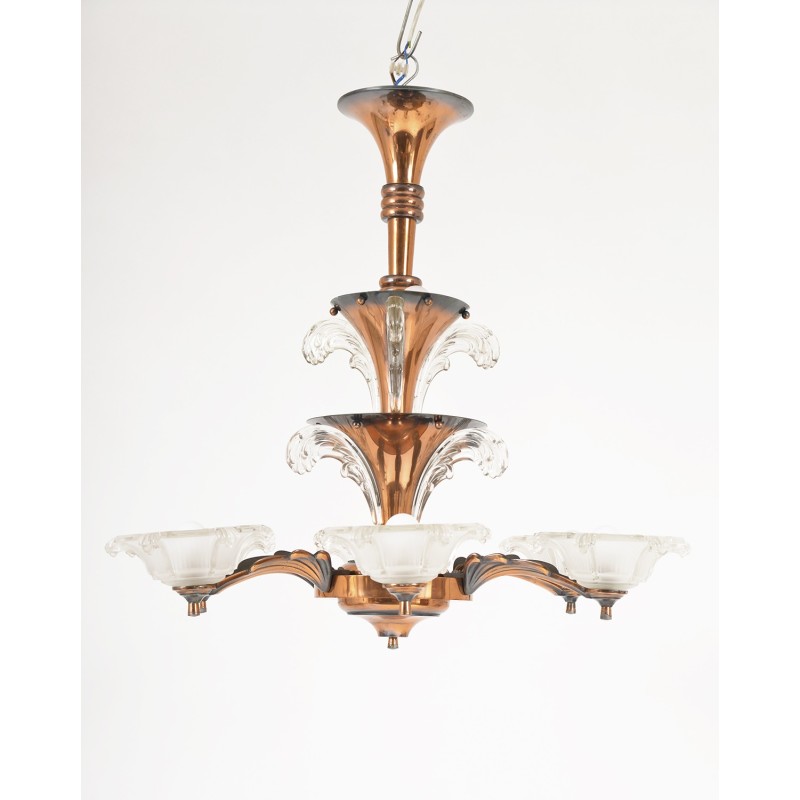Lámpara Art Decó vintage de cobre y cristal con 6 brazos de Petitot et Ezan, Francia 1930
