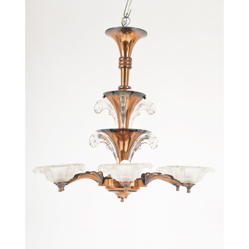 Vintage Art Deco chandelier in copper and glass with 6 arms by Petitot et Ezan, France 1930