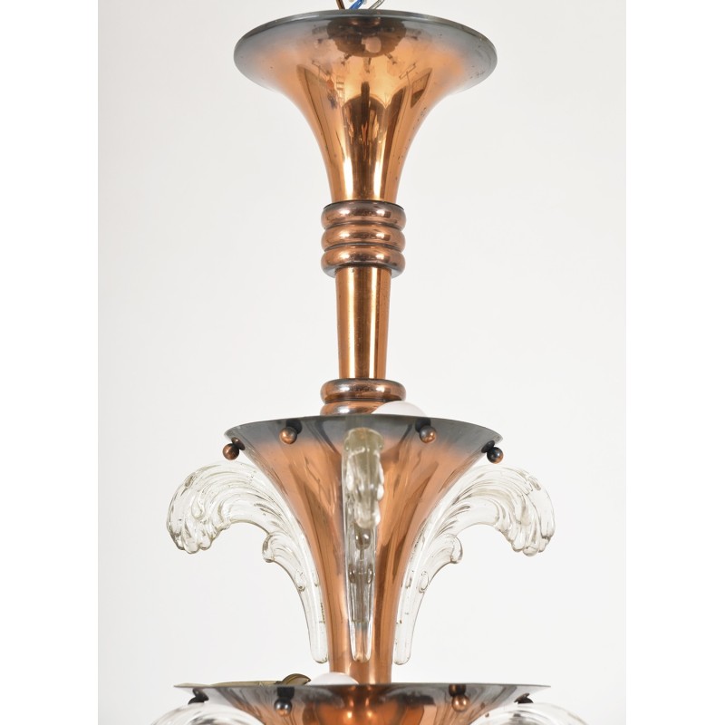 Vintage Art Deco chandelier in copper and glass with 6 arms by Petitot et Ezan, France 1930