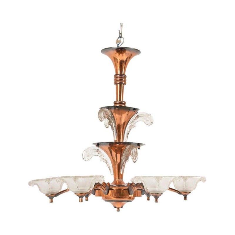 Vintage Art Deco chandelier in copper and glass with 6 arms by Petitot et Ezan, France 1930
