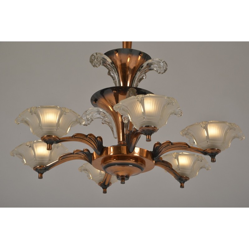 Vintage Art Deco chandelier in copper and glass with 6 arms by Petitot et Ezan, France 1930