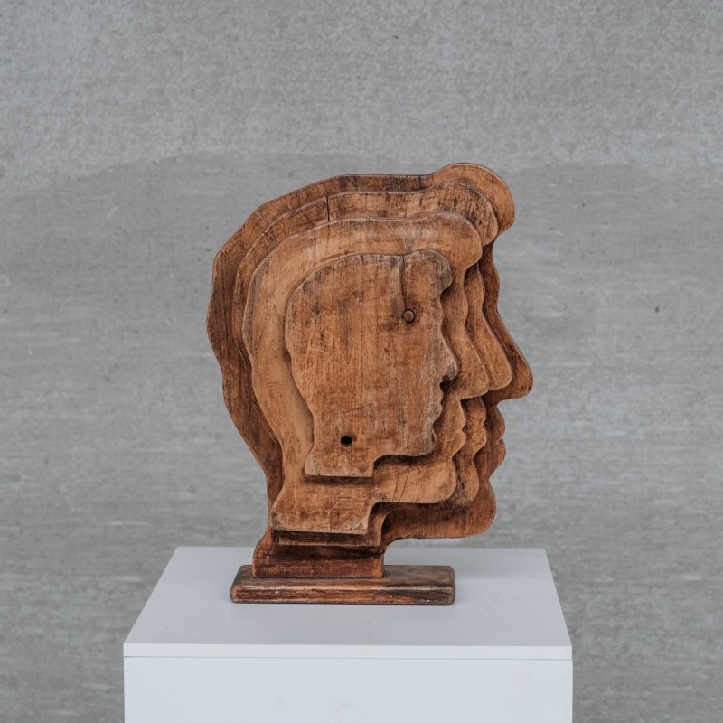 Vintage dubbelzijdig houten hoofd sculptuur, Frankrijk
