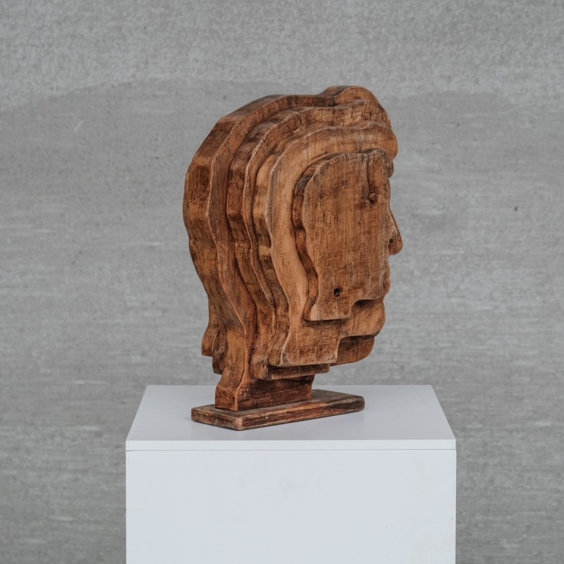 Scultura di testa in legno bifacciale vintage, Francia