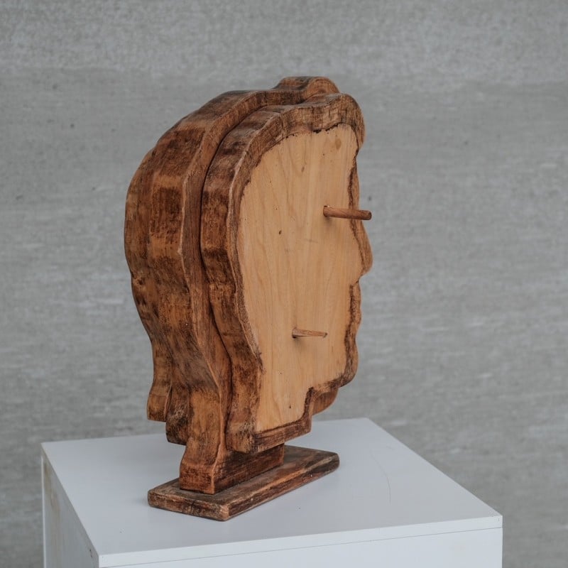 Scultura di testa in legno bifacciale vintage, Francia