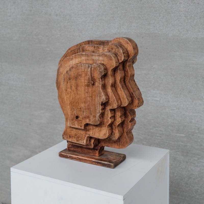 Sculpture vintage de tête double face en bois, France