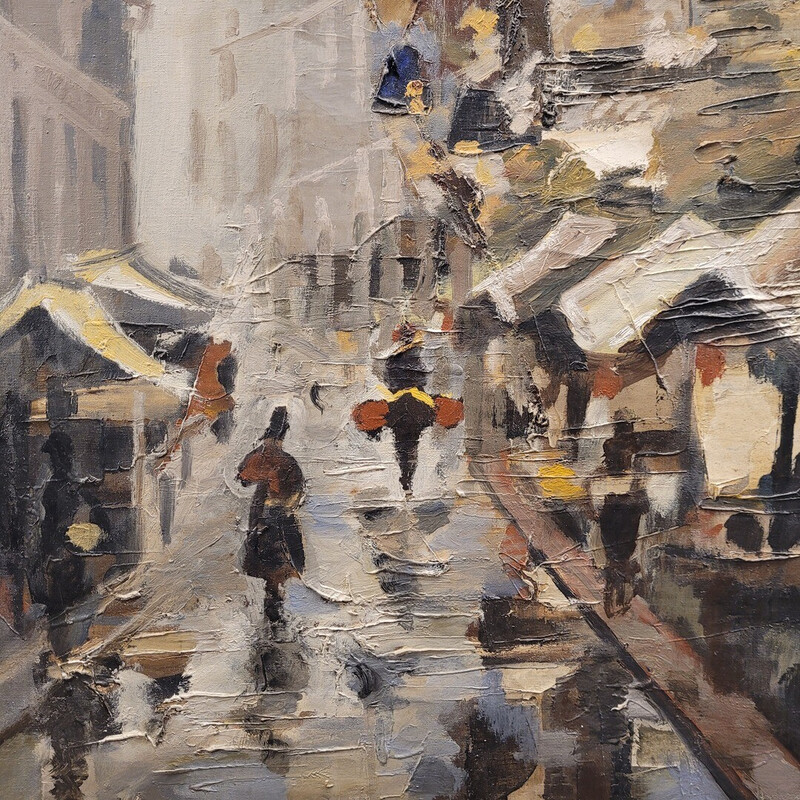 Vintage oil painting depicting an urban landscape by G. Montero