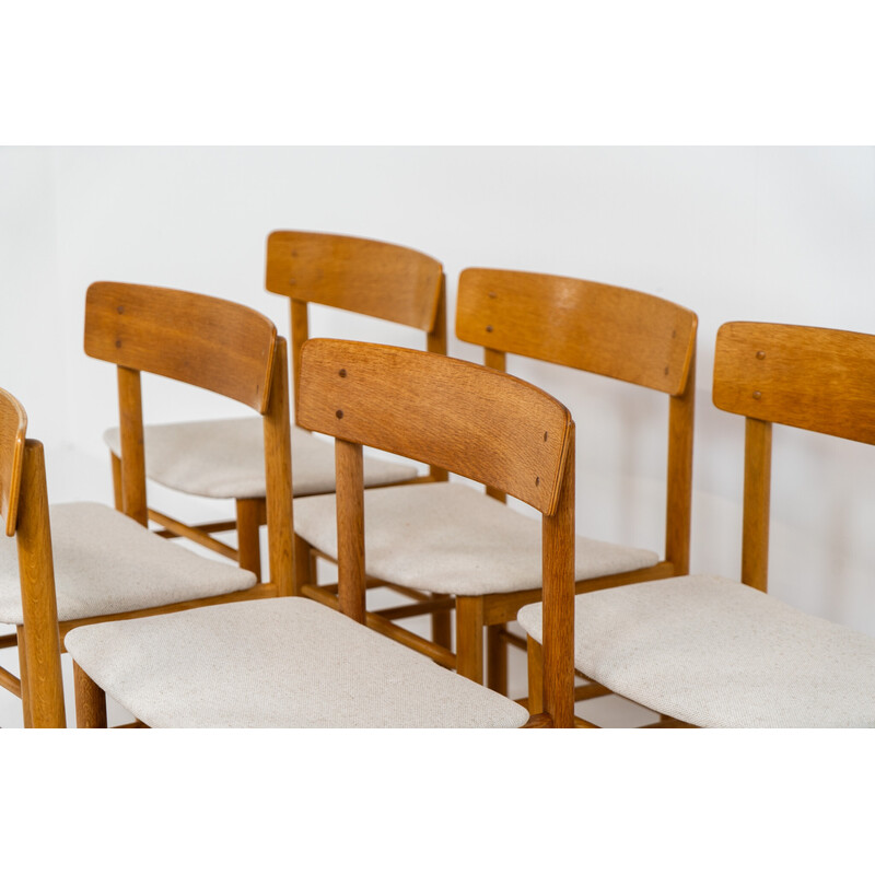 Set of 6 vintage dining chairs model 250 in solid oak and beige fabric for Farstrup, Denmark 1956