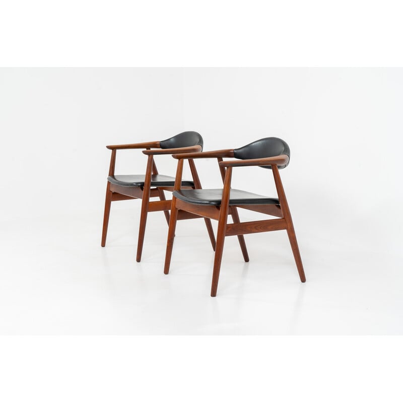 Pair of vintage armchairs in solid teak and skai leather by Erik Kirkegaard for Glostrup, Denmark 1960