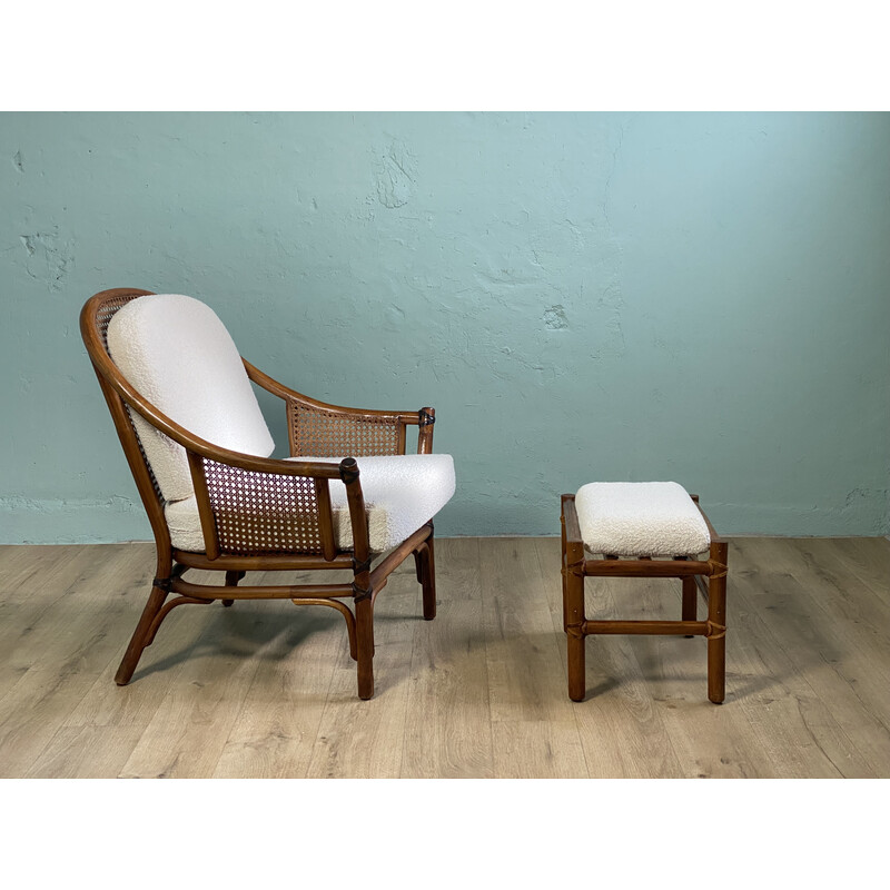 Vintage armchair with cane and bamboo ottoman, 1970