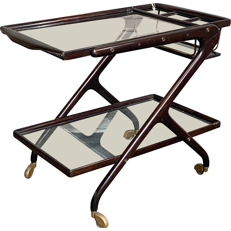 Vintage bar cart in stained beech wood and glass by Cesare Lacca for Cassina, Italy 1950