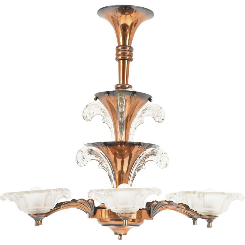 Lámpara Art Decó vintage de cobre y cristal con 6 brazos de Petitot et Ezan, Francia 1930