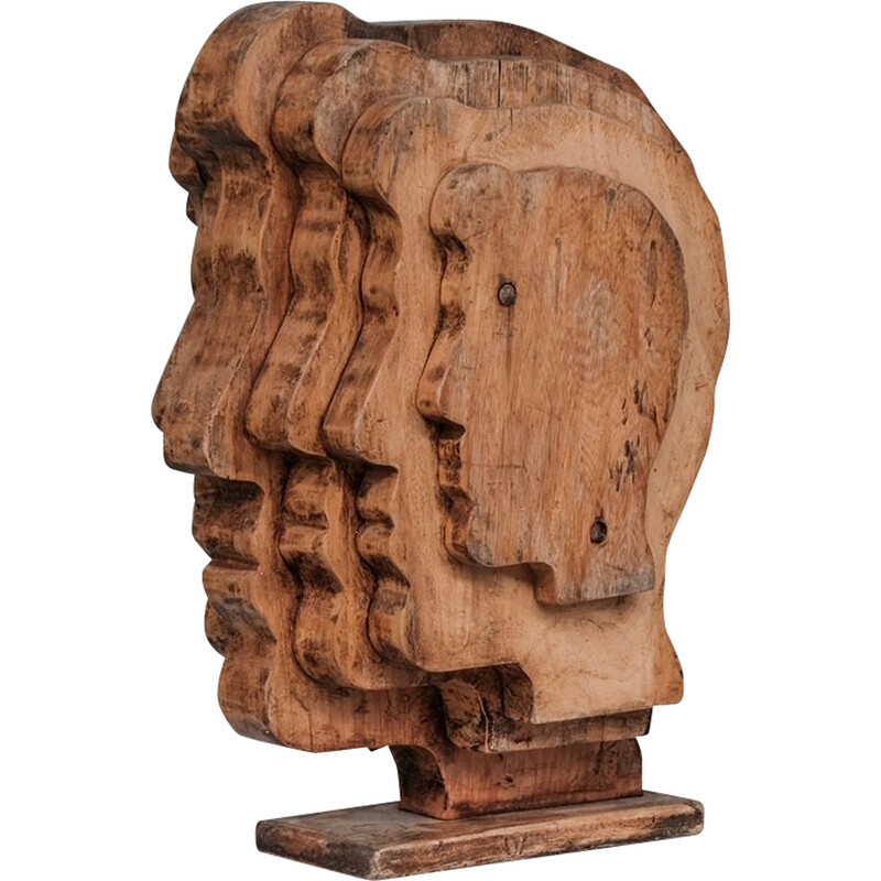 Escultura vintage de cabeça de madeira com duas faces, França