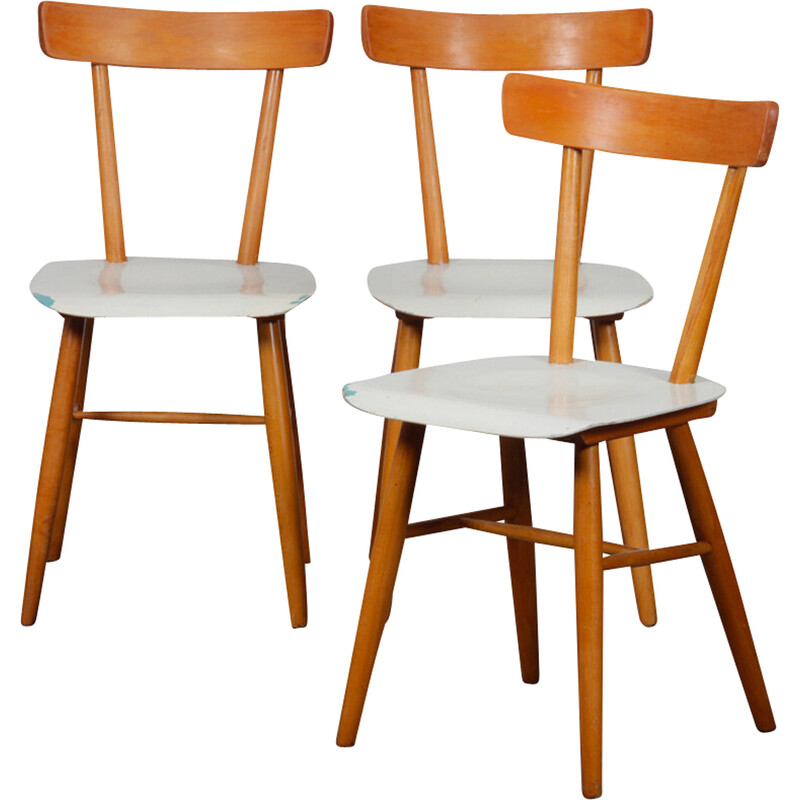 Set van 3 vintage houten Ton stoelen, Tsjecho-Slowakije 1960