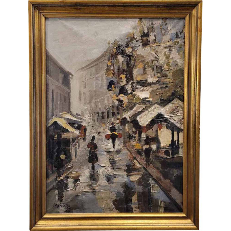 Vintage oil painting depicting an urban landscape by G. Montero