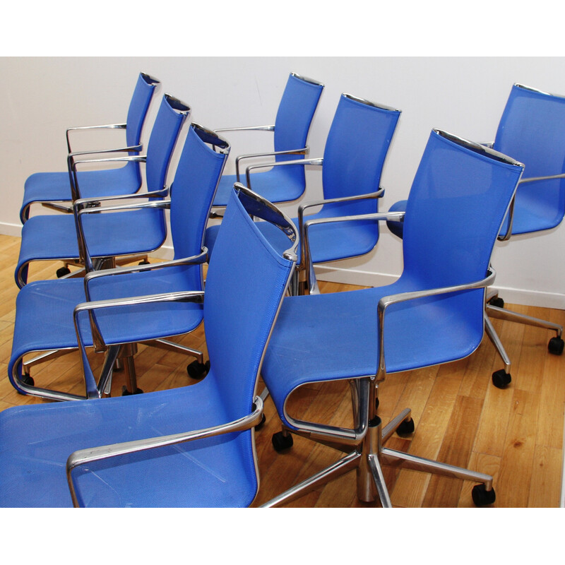 Cadeiras de escritório Rollingframe vintage em plástico azul e alumínio cromado para a Alias