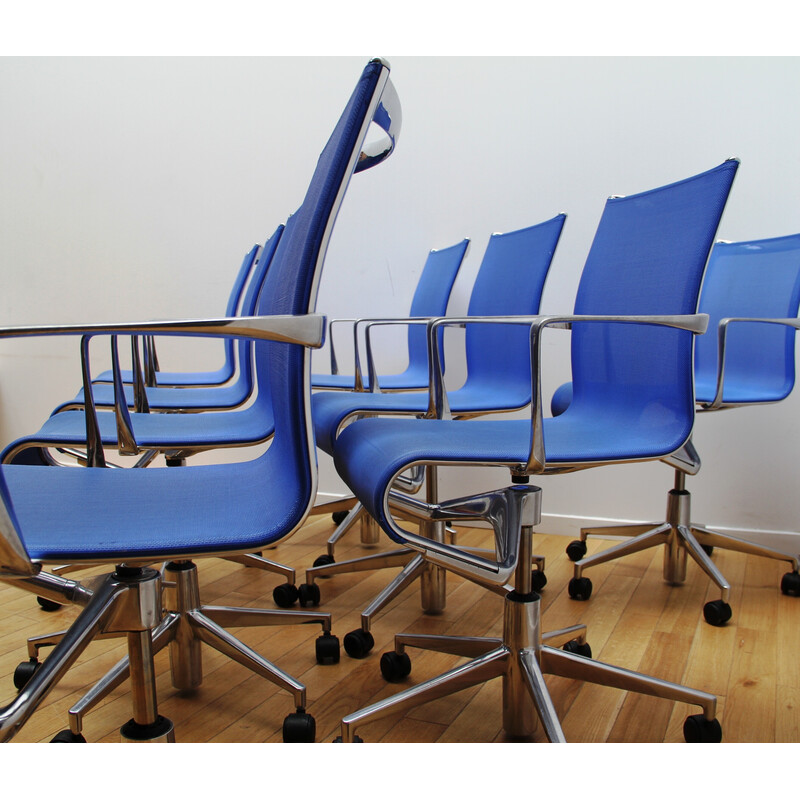 Set of 8 vintage RollingFrame office armchairs in blue plastic and chrome aluminum for Alias