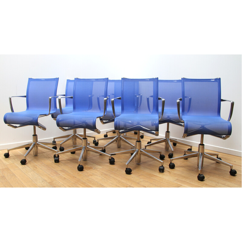 Conjunto de 8 cadeiras de escritório RollingFrame vintage em plástico azul e alumínio cromado para a Alias