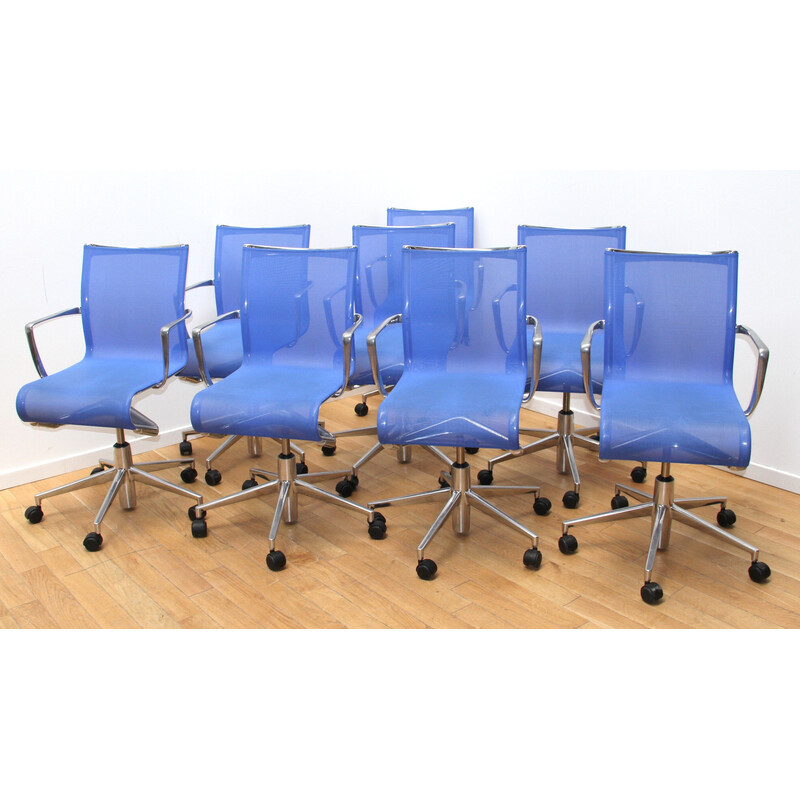 Set di 8 sedie da ufficio RollingFrame vintage in plastica blu e alluminio cromato per Alias