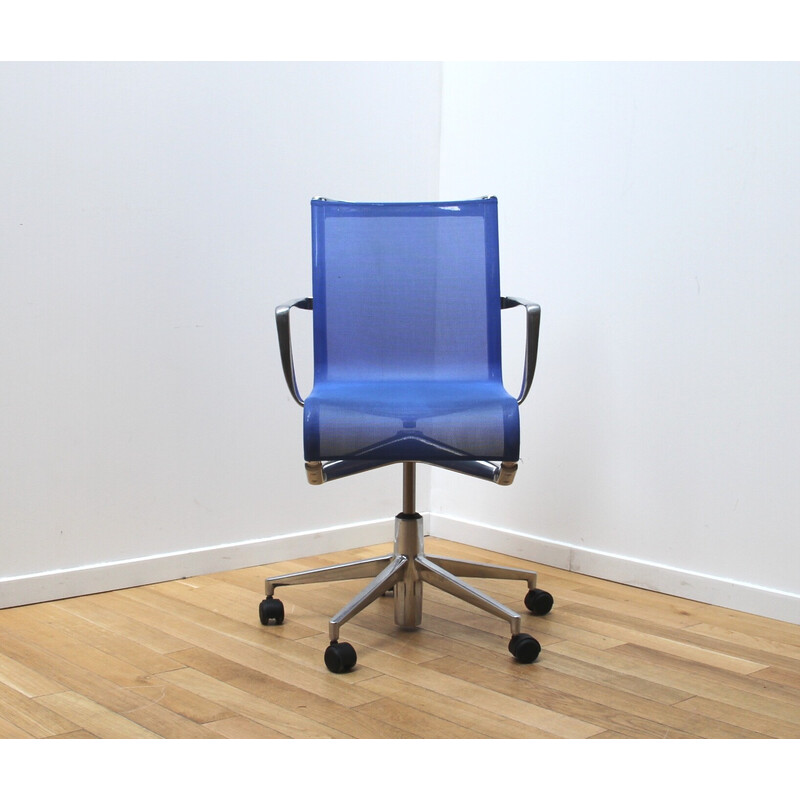 Set of 8 vintage RollingFrame office armchairs in blue plastic and chrome aluminum for Alias