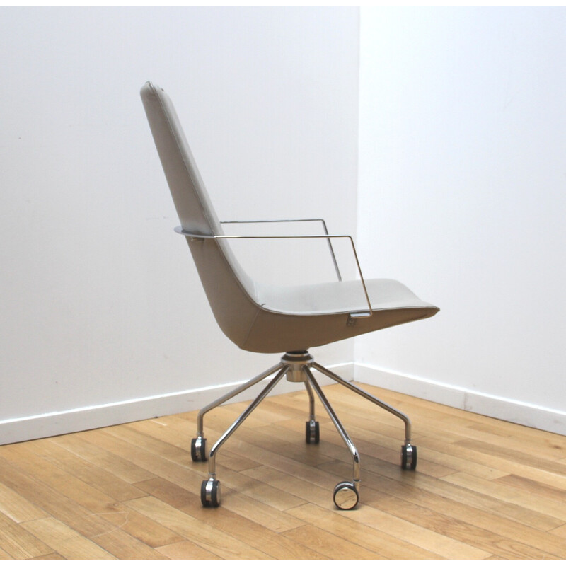 Vintage Comet office armchairs in chrome aluminum and beige stained leather for Lammhults