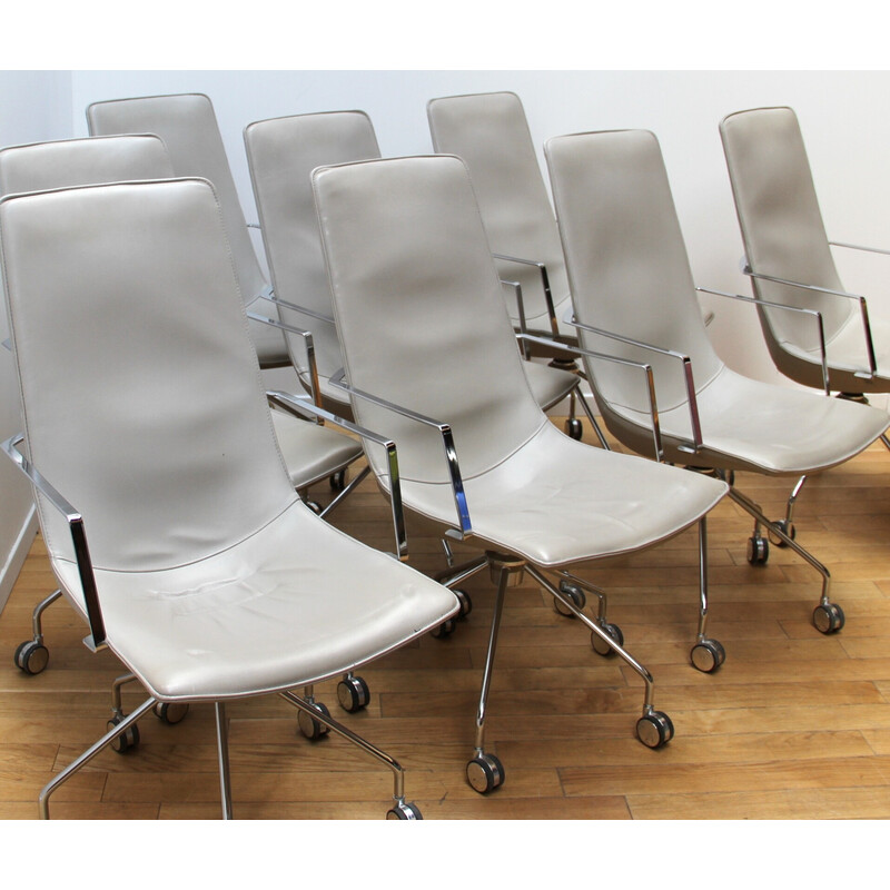Set of 8 vintage Comet office armchairs in chrome aluminum and beige stained leather for Lammhults