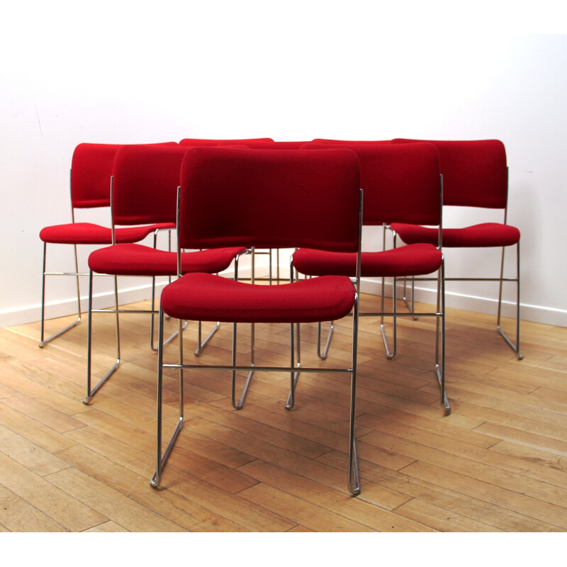 Set of 16 vintage "40/4" chairs in chrome metal and red wool, by David Rowland for Howe
