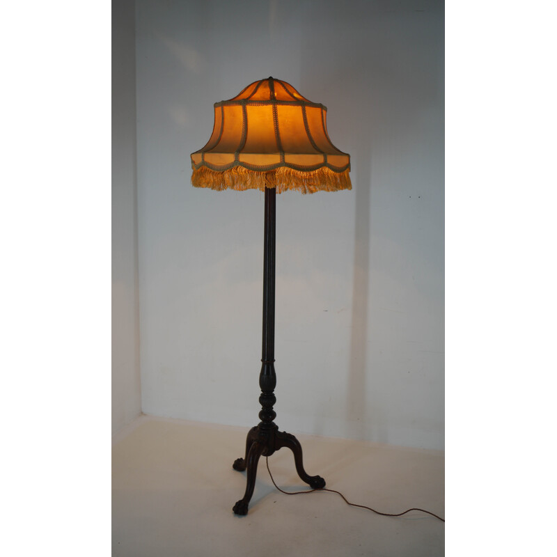 Vintage Art Nouveau floor lamp in wood and fabric, 1910