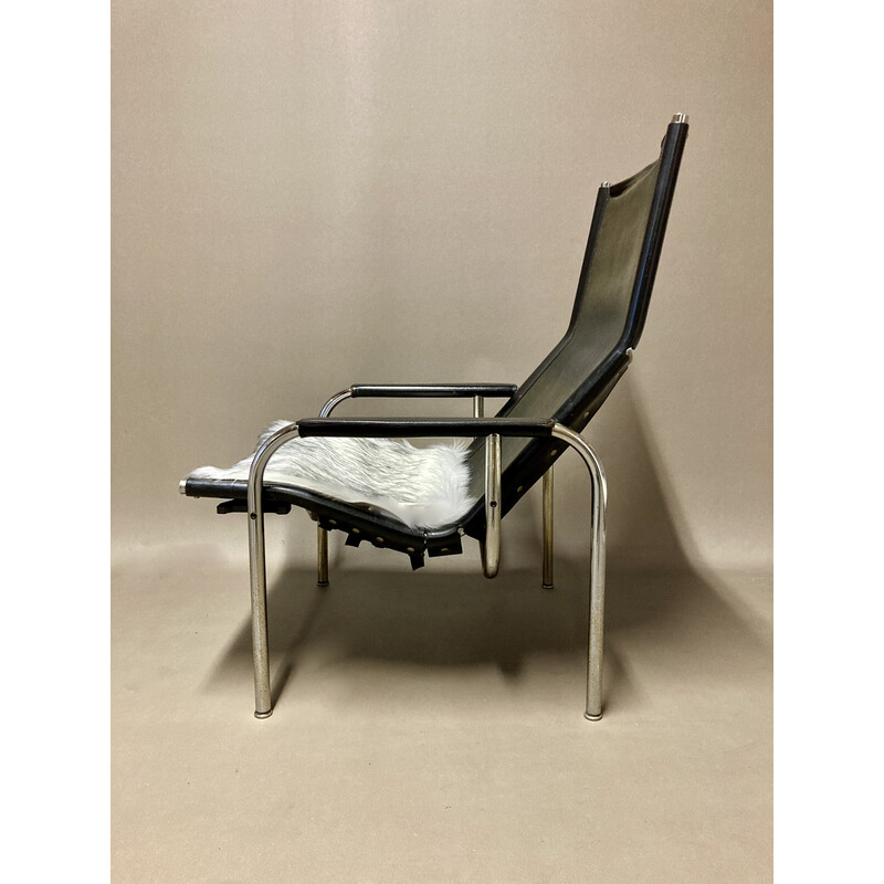 Vintage verstelbare fauteuils in verchroomd staal en zwart leer, 1960