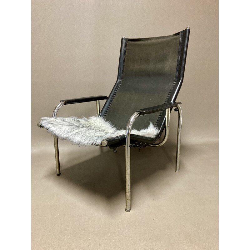 Vintage relax reclining armchairs in chrome steel and black leather, 1960