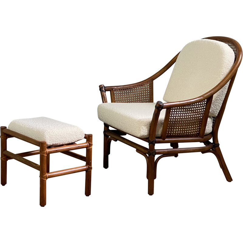Vintage armchair with cane and bamboo ottoman, 1970