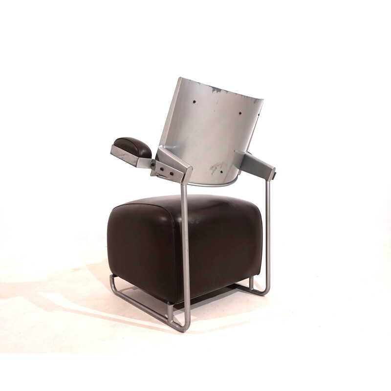 Vintage Oscar armchair in gray powder-coated metal and brown leather by Harri Korhonen for Inno Oy, Finland 1989