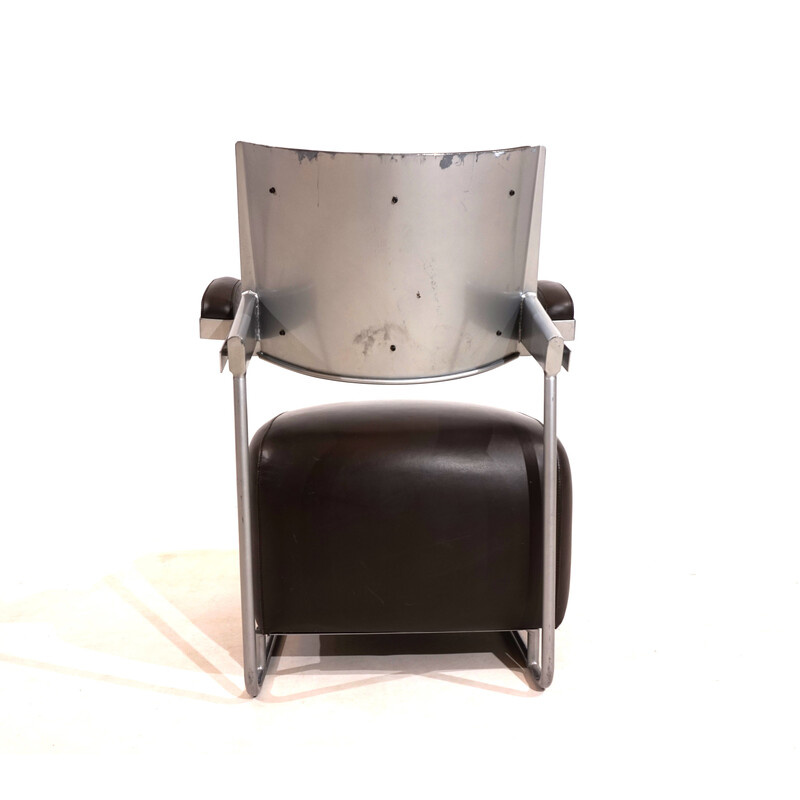 Vintage Oscar armchair in gray powder-coated metal and brown leather by Harri Korhonen for Inno Oy, Finland 1989