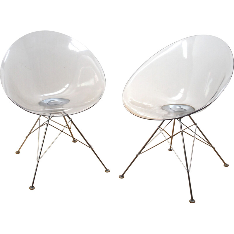 Paar Eros Vintage-Stühle aus verchromtem Metall und Sitzfläche aus Kunststoff von Philippe Starck für Kartell