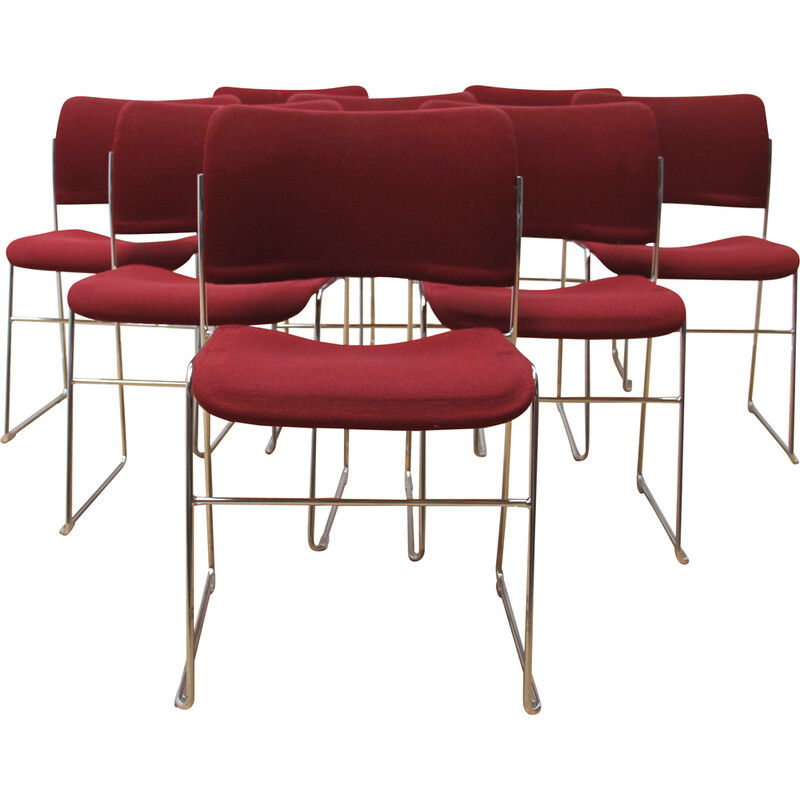 Set of 16 vintage "40/4" chairs in chrome metal and red wool, by David Rowland for Howe