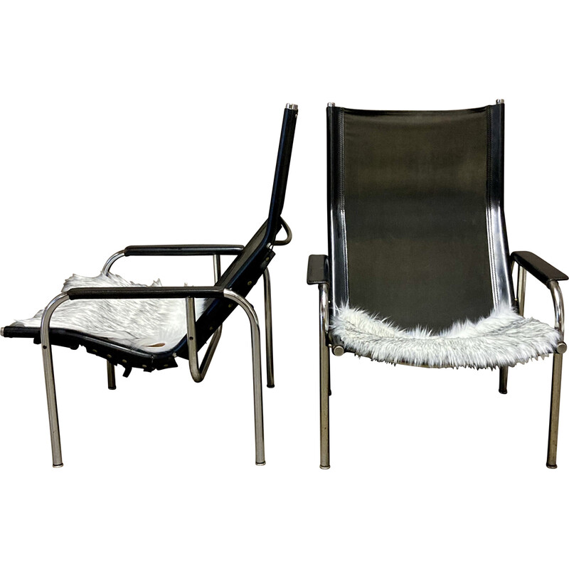 Vintage verstelbare fauteuils in verchroomd staal en zwart leer, 1960