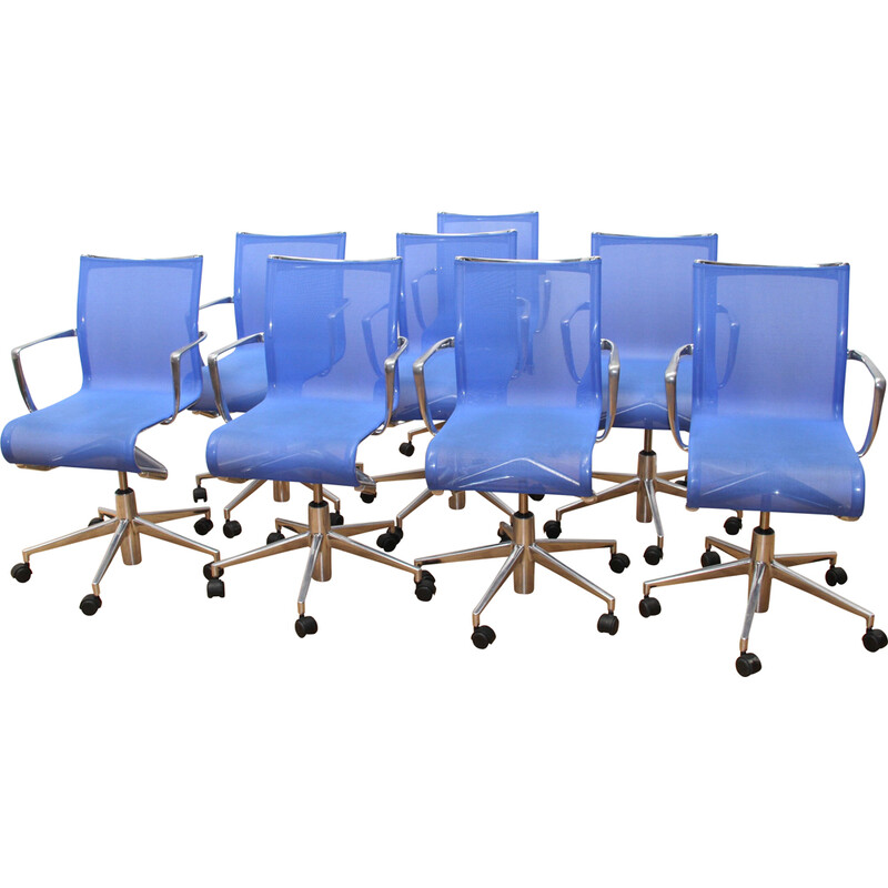 Set di 8 sedie da ufficio RollingFrame vintage in plastica blu e alluminio cromato per Alias