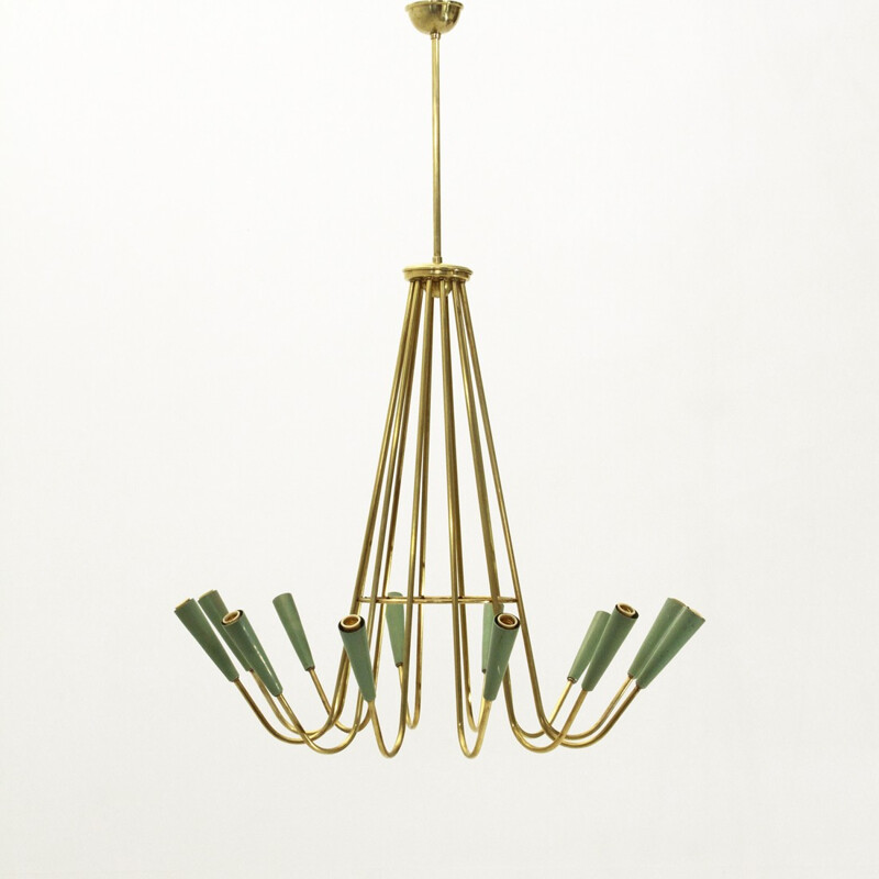 Italian brass and aluminium chandelier with twelve lights - 1950s