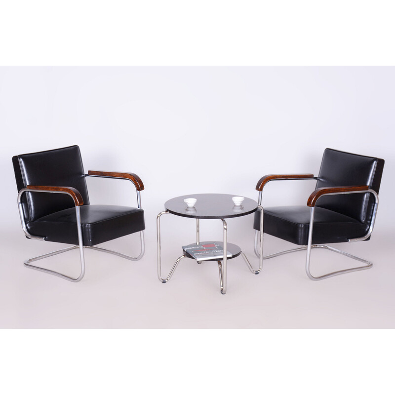 Pair of vintage Bauhaus armchairs in beech and chrome steel, Czechoslovakia 1930