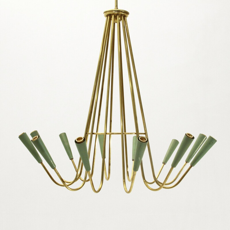 Italian brass and aluminium chandelier with twelve lights - 1950s