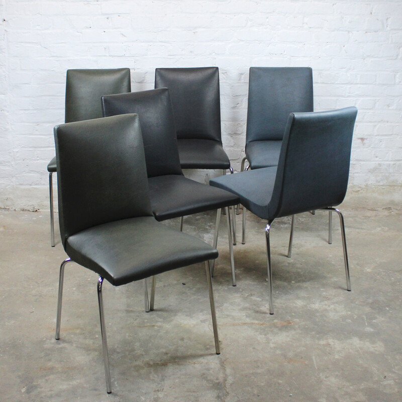 Set of 6 vintage "Robert" wooden chairs covered in skai by Pierre Guariche for Meurop, 1975
