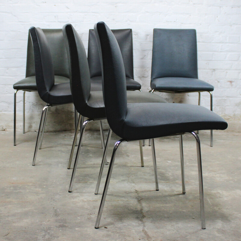 Set of 6 vintage "Robert" wooden chairs covered in skai by Pierre Guariche for Meurop, 1975