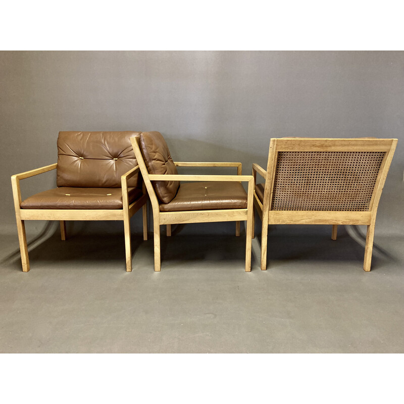 Set of 3 vintage armchairs in beech and leather, 1960