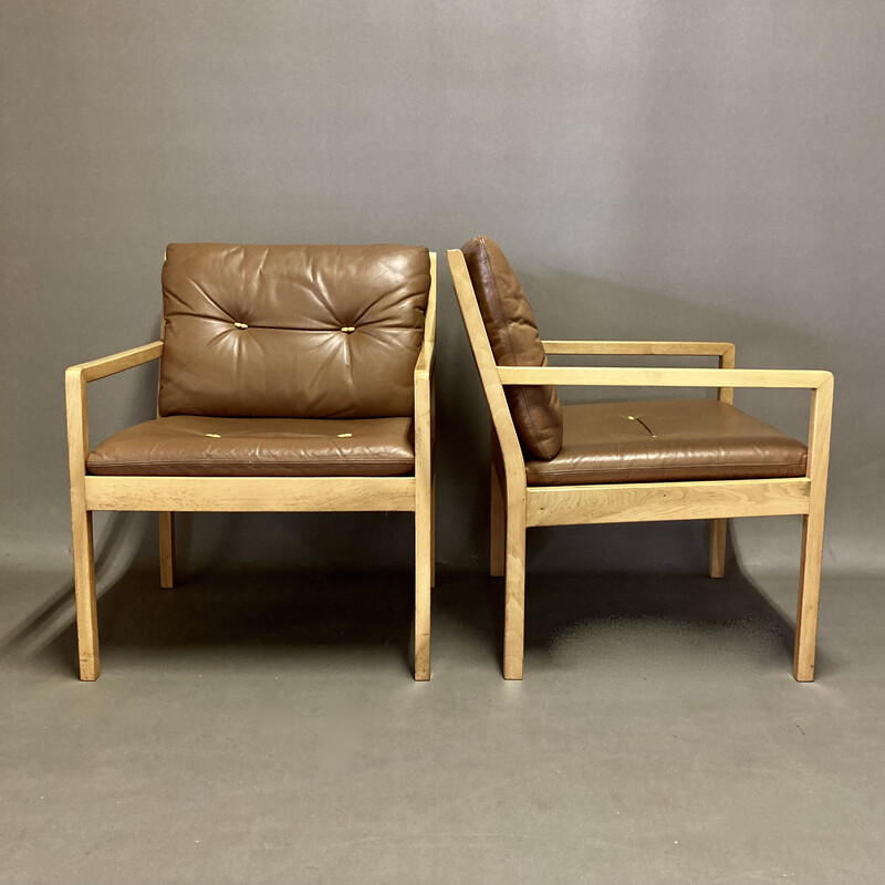 Pair of vintage beech and leather armchairs by Bernt Petersen, 1960