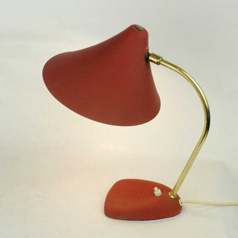 Lampe de table rouge en laiton et en métal - 1950