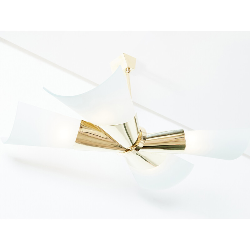 Vintage pendant lamp in brass and opaline glass by Max Ingrand for Fontana Arte, 1955