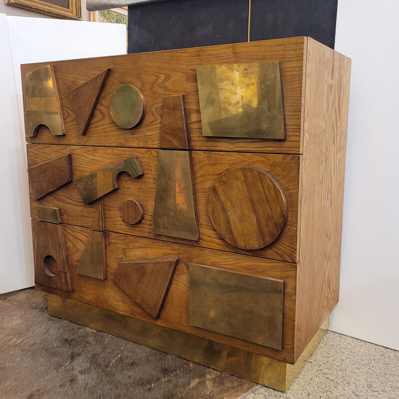 Vintage chest of drawers in oak wood and brass by Gio Ponti, Italy 1970