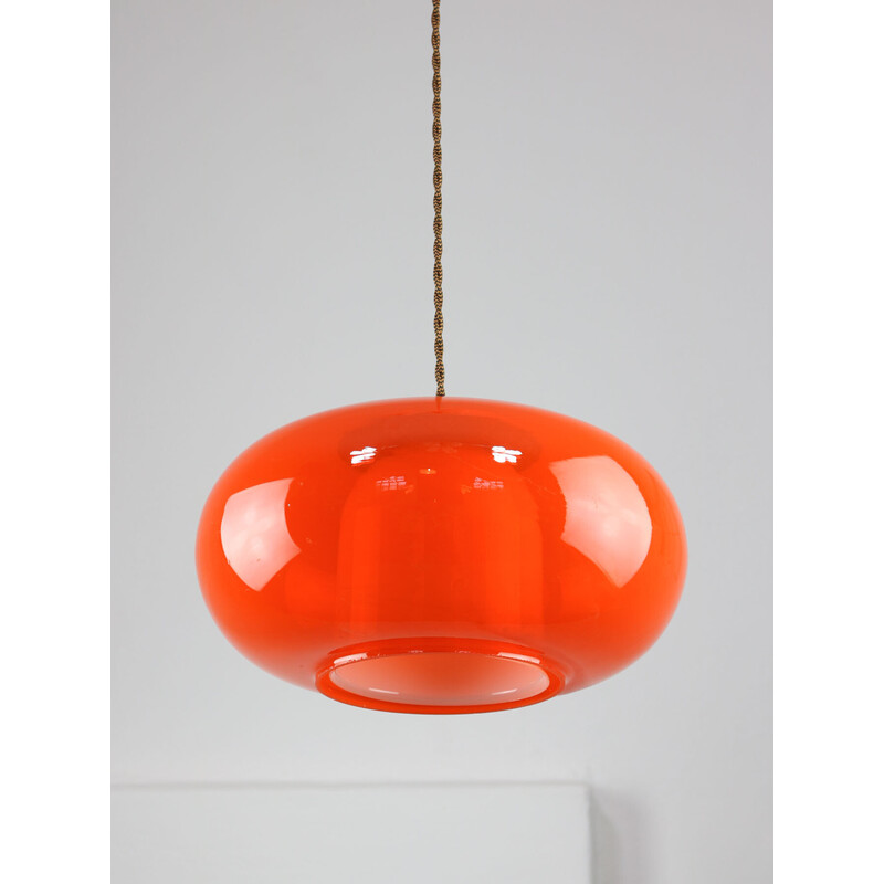 Vintage pendant lamp in brass and orange glass, Italy 1960