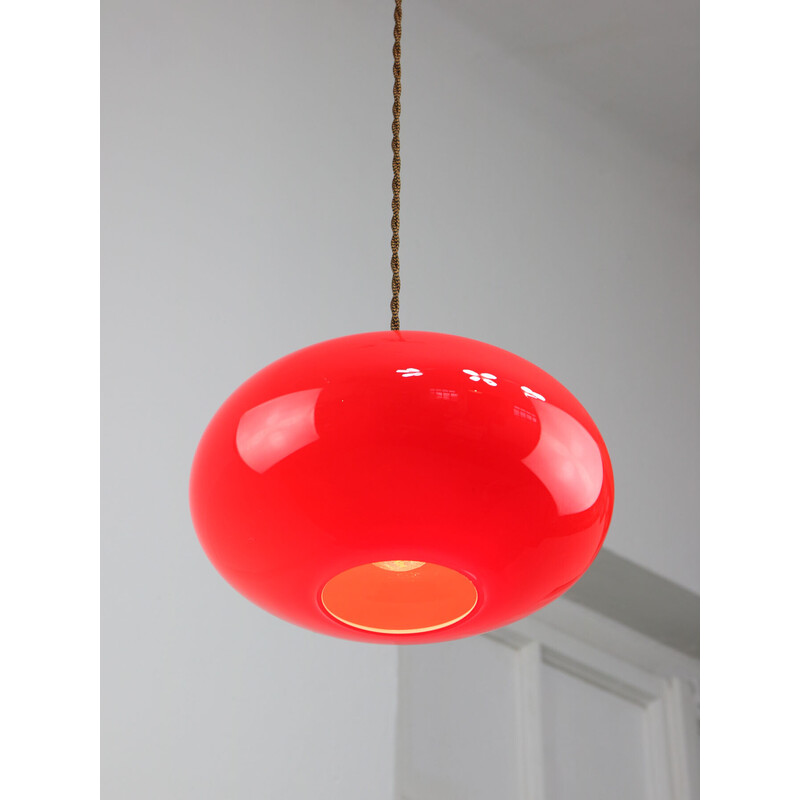 Vintage pendant lamp in brass and red glass, Italy 1960