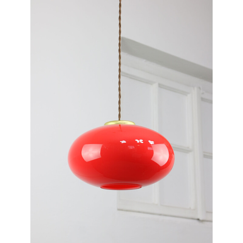 Vintage pendant lamp in brass and red glass, Italy 1960